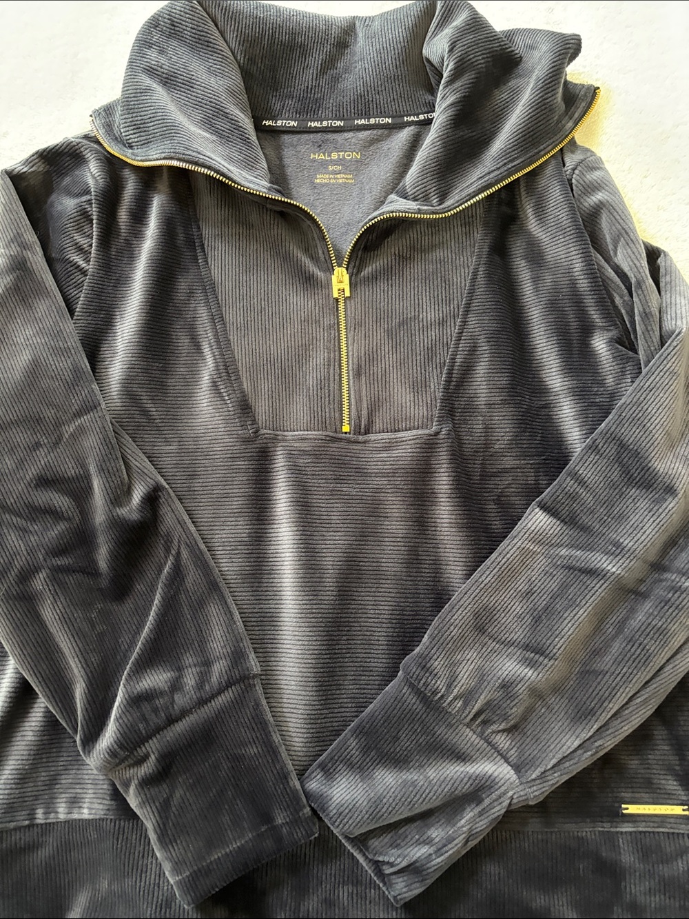 Halston Heritage Navy Blue Ribbed Half-Zip Pullover with Gold Trim